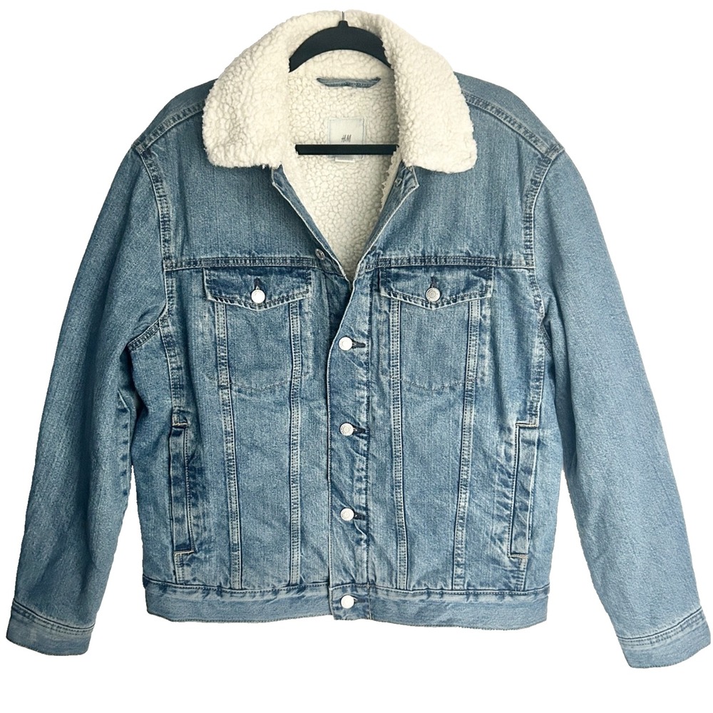 H&M Logg Sherpa Lined Collar Trucker Jacket Mens L Faded Cotton Denim Fur Unisex